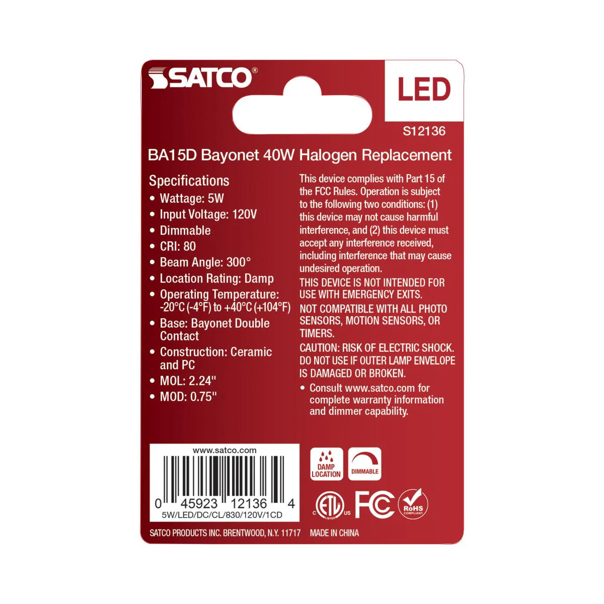 Satco 5w Mini LED BA15d Bayonet Double Contact Base120v 3000K Clear Finish Bulb - Image 3