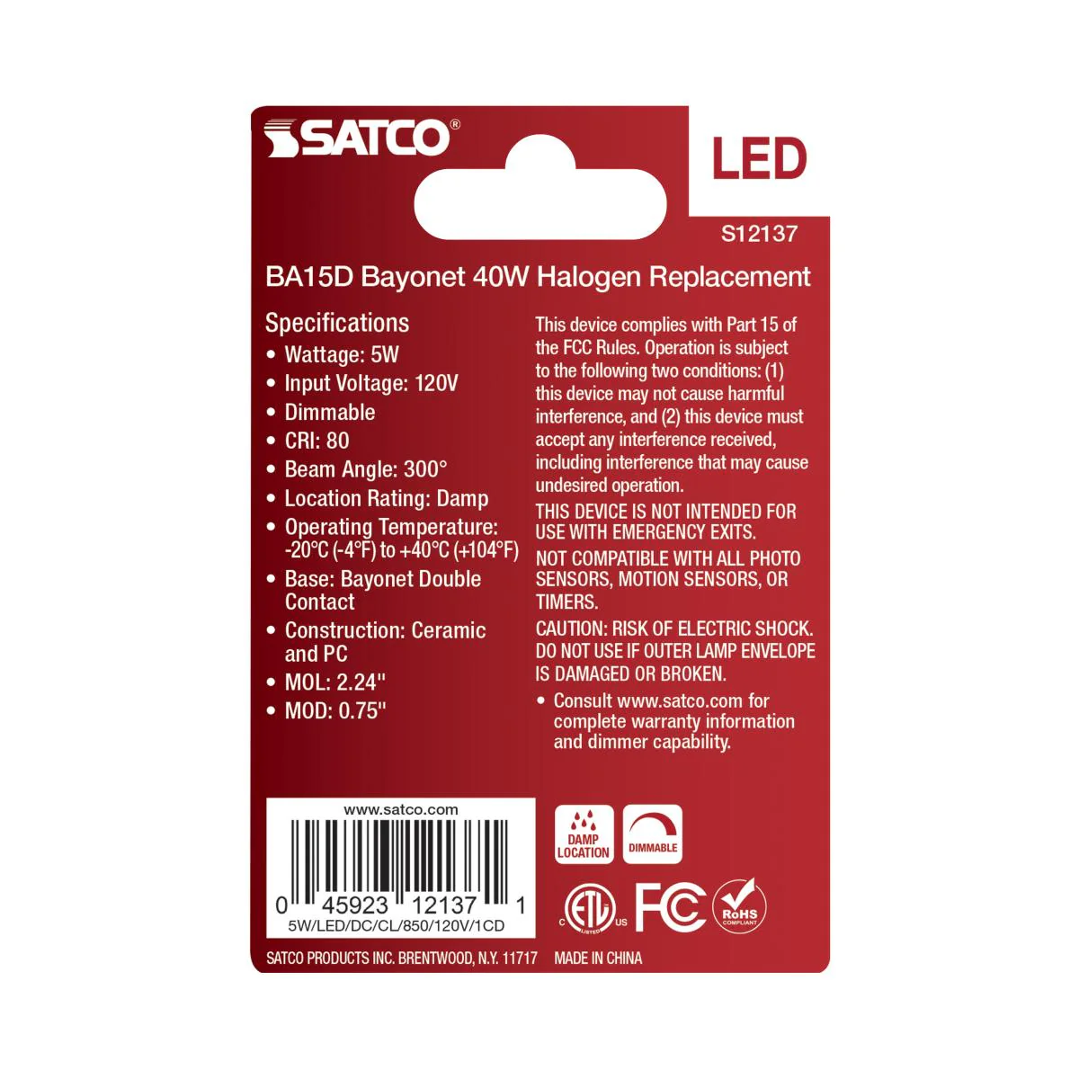 Satco 5w Mini LED BA15d Bayonet Double Contact Base120v 5000K Clear Finish Bulb - Image 3