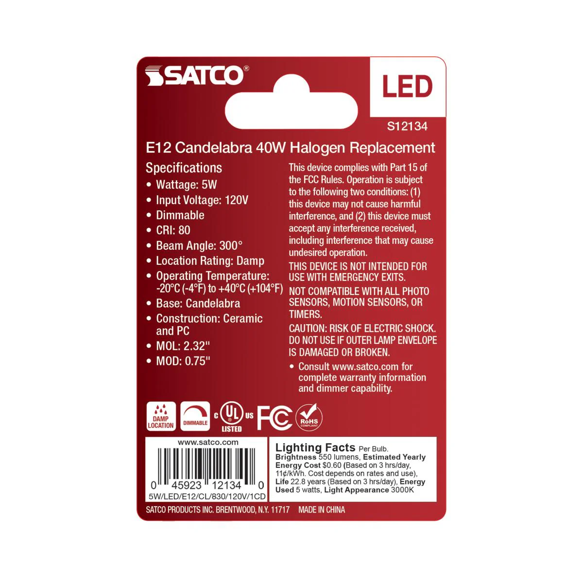 Satco 5w Mini LED E12 Candelabra Base 120v 3000K Clear Finish Bulb - Image 3