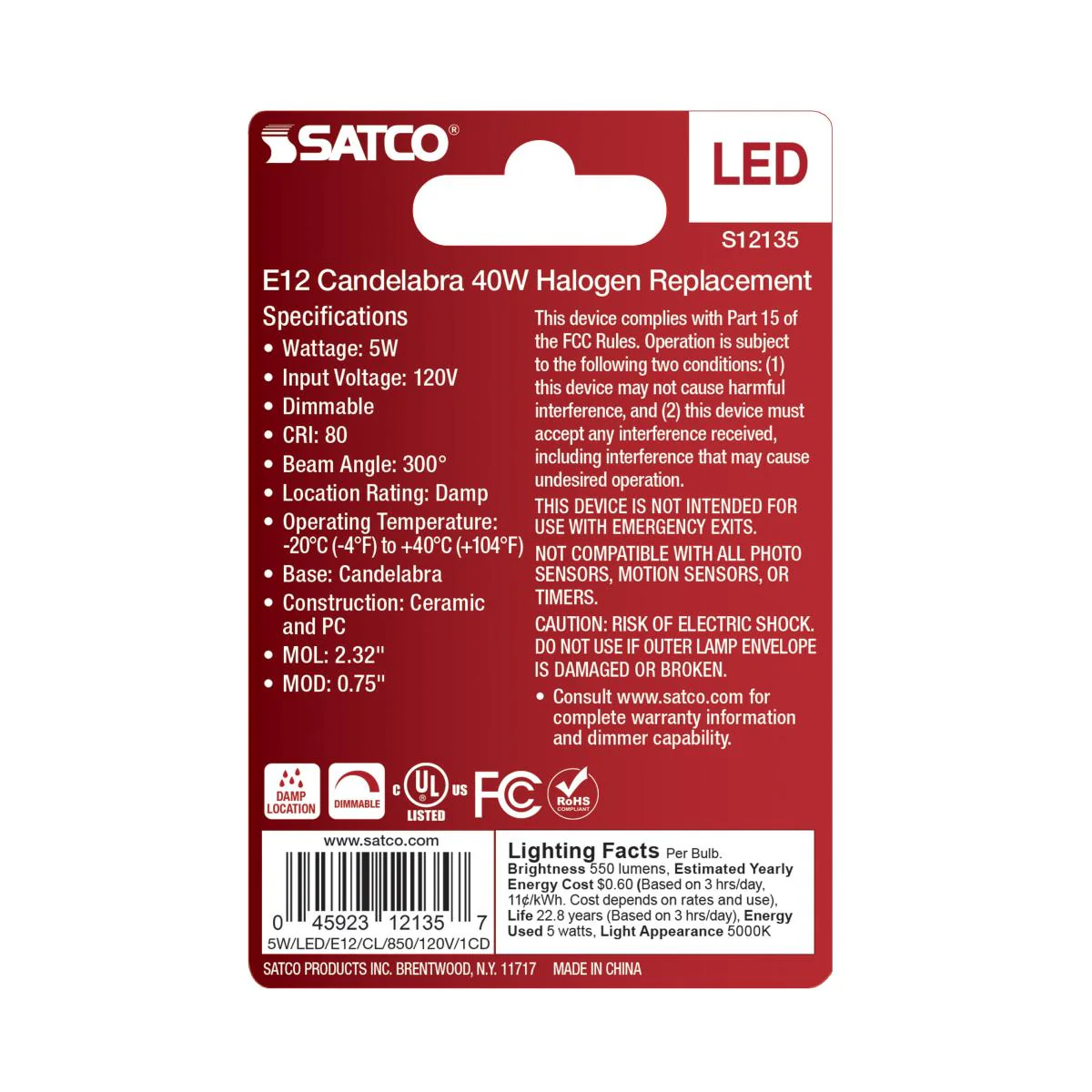 Satco 5w Mini LED E12 Candelabra Base 120v 5000K Clear Finish Bulb - Image 3
