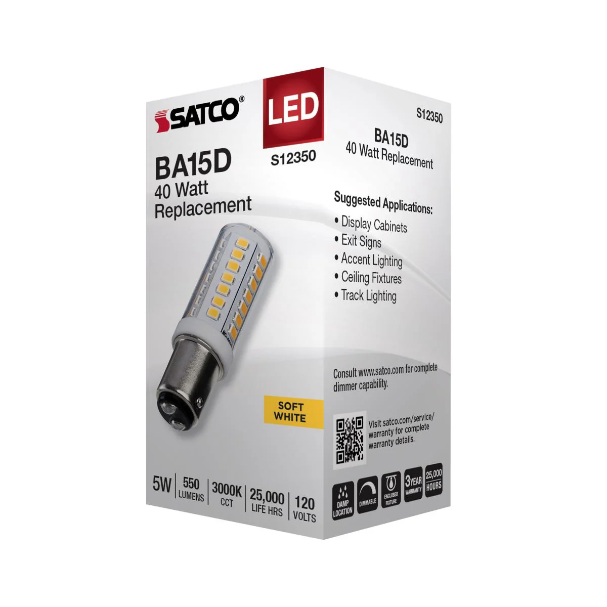 Satco 5w T6 LED 120v DC Base 3000k Clear Finish Bulb - Image 4