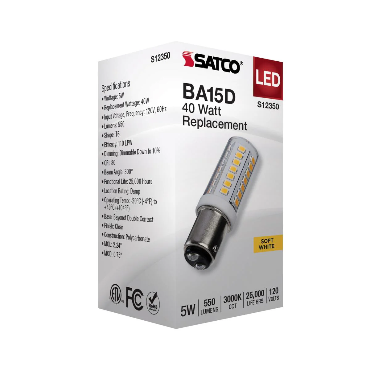 Satco 5w T6 LED 120v DC Base 3000k Clear Finish Bulb - Image 5
