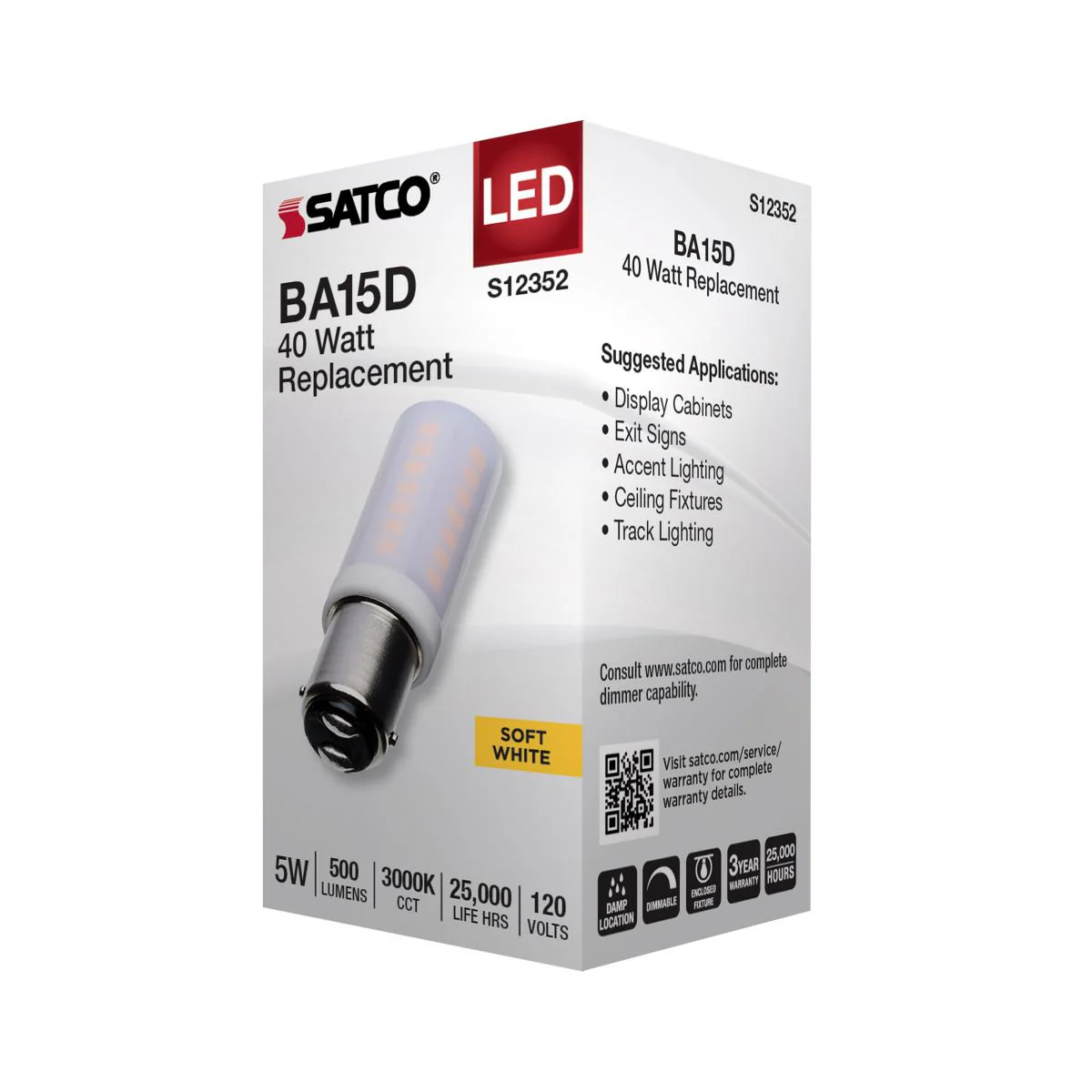 Satco 5w T6 LED 120v DC Base 3000k Frosted Finish Bulb - Image 4
