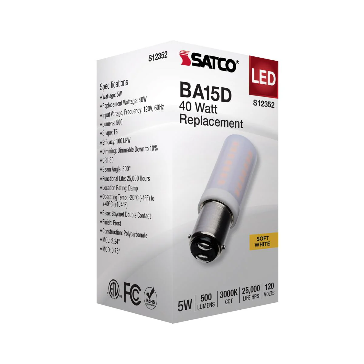 Satco 5w T6 LED 120v DC Base 3000k Frosted Finish Bulb - Image 5