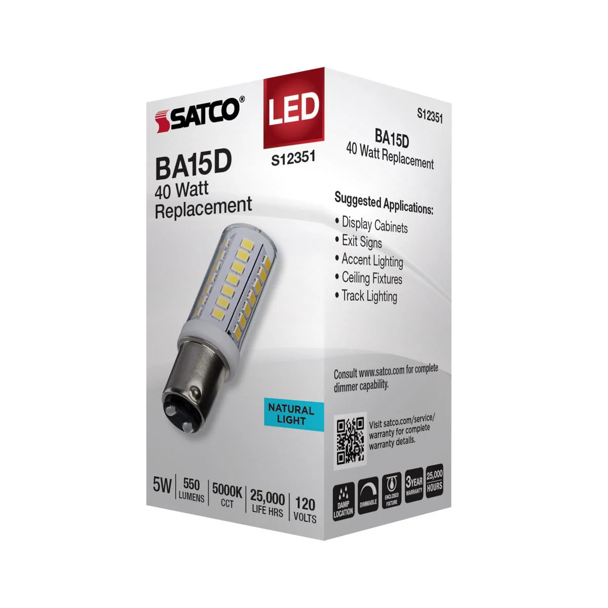 Satco 5w T6 LED 120v DC Base 5000k Clear Finish Bulb - Image 4