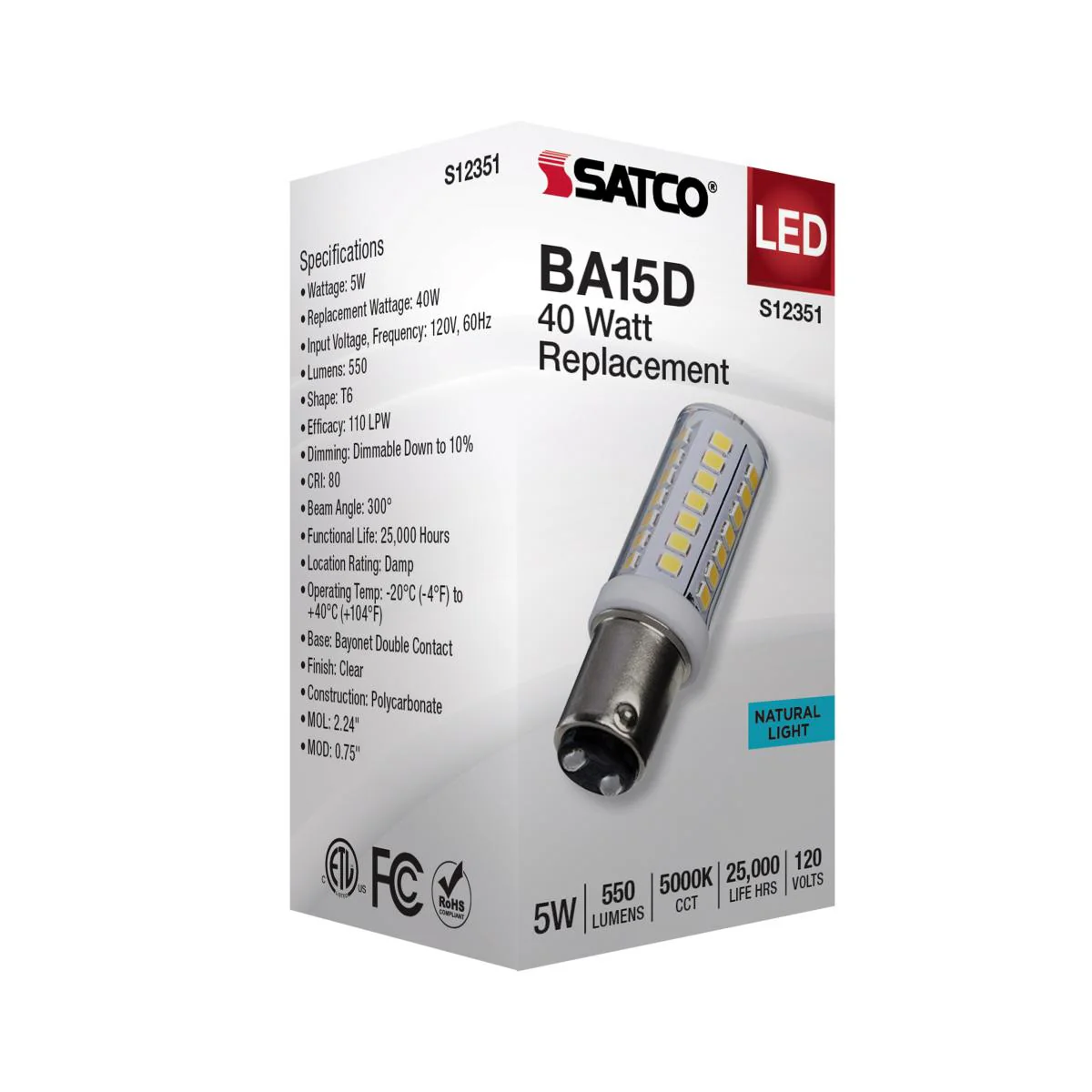Satco 5w T6 LED 120v DC Base 5000k Clear Finish Bulb - Image 5