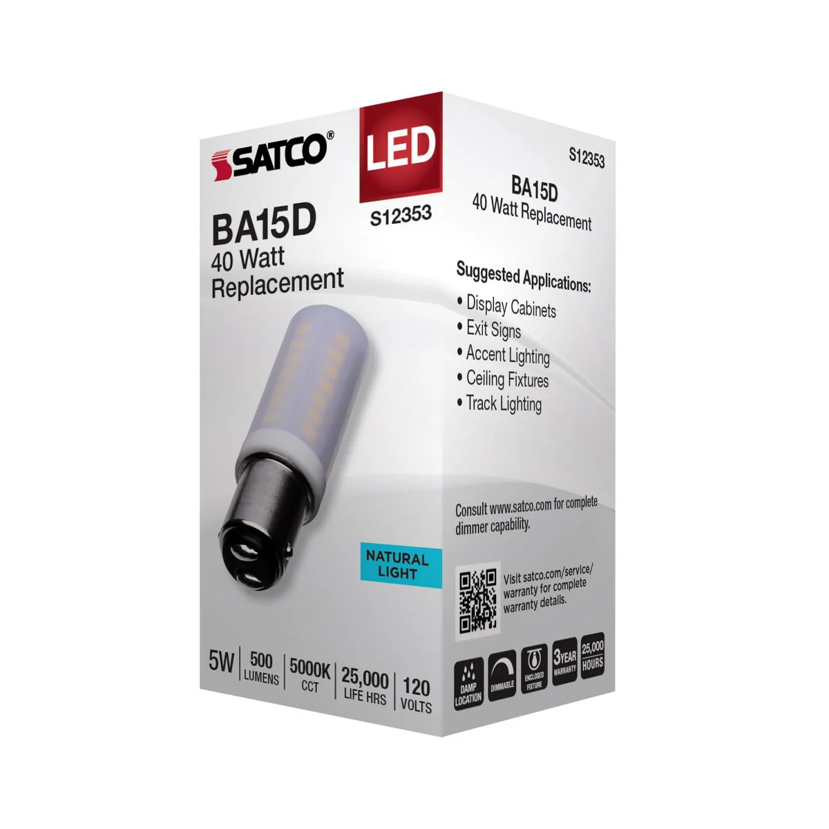 Satco 5w T6 LED 120v DC Base 5000k Frosted Finish Bulb - Image 4