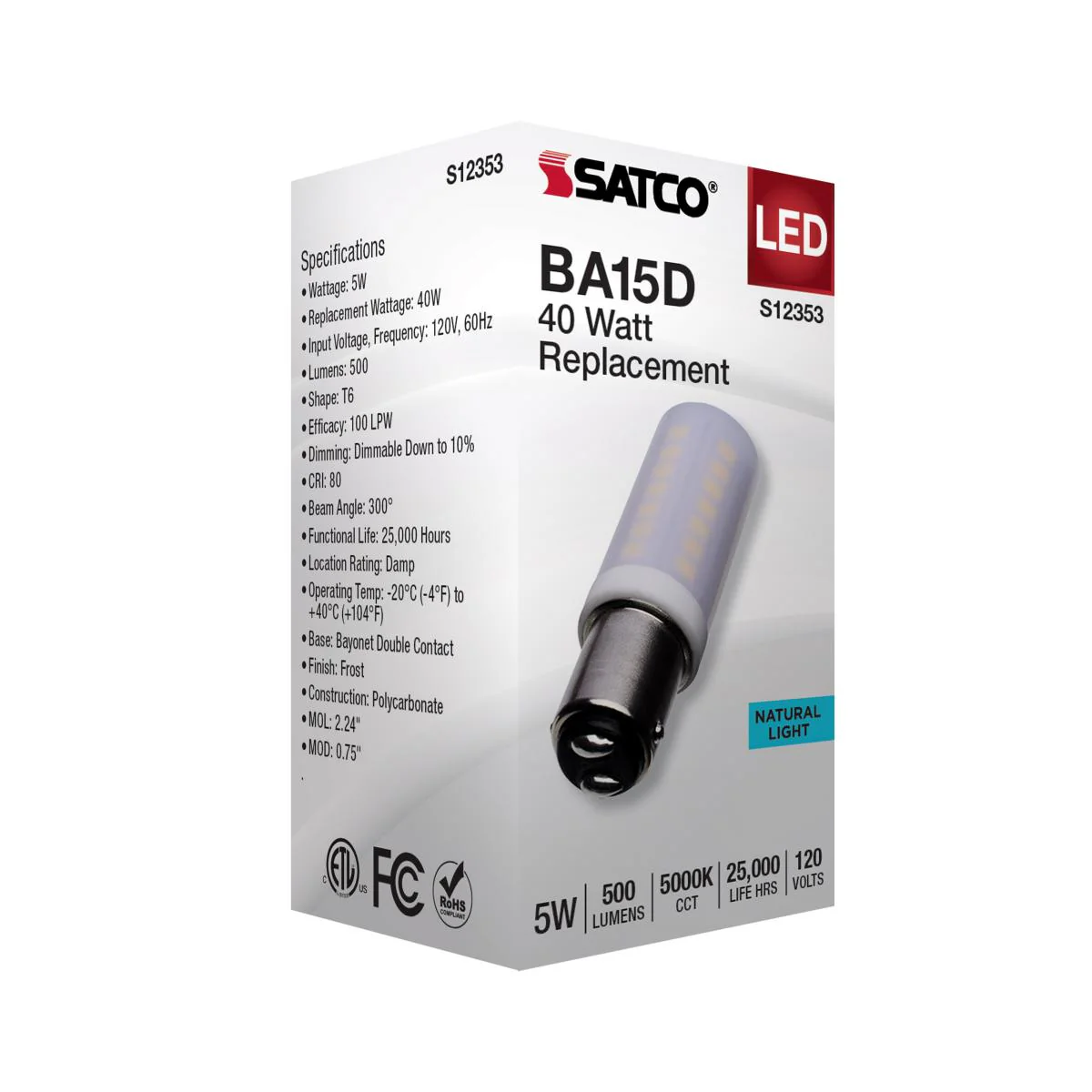 Satco 5w T6 LED 120v DC Base 5000k Frosted Finish Bulb - Image 5