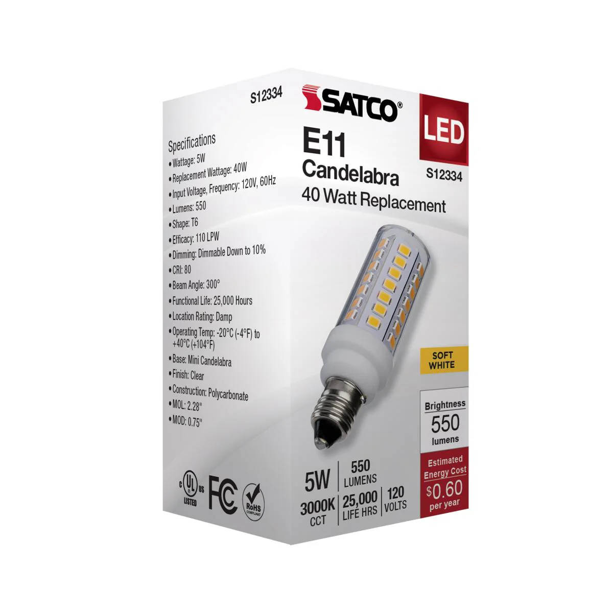 Satco 5w T6 LED 120v E11 Base 3000k Clear Finish Bulb - Image 5