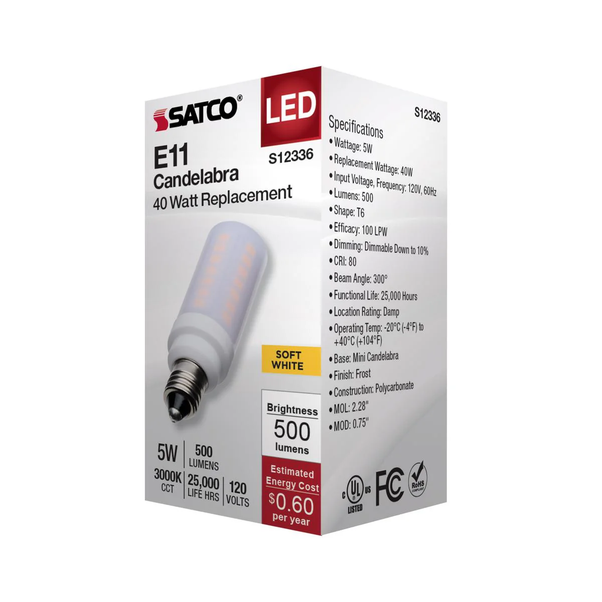 Satco 5w T6 LED 120v E11 Base 3000k Frosted Finish Bulb - Image 4