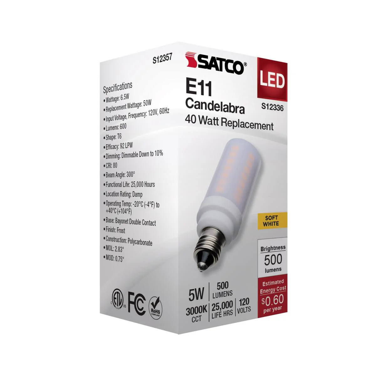 Satco 5w T6 LED 120v E11 Base 3000k Frosted Finish Bulb - Image 5