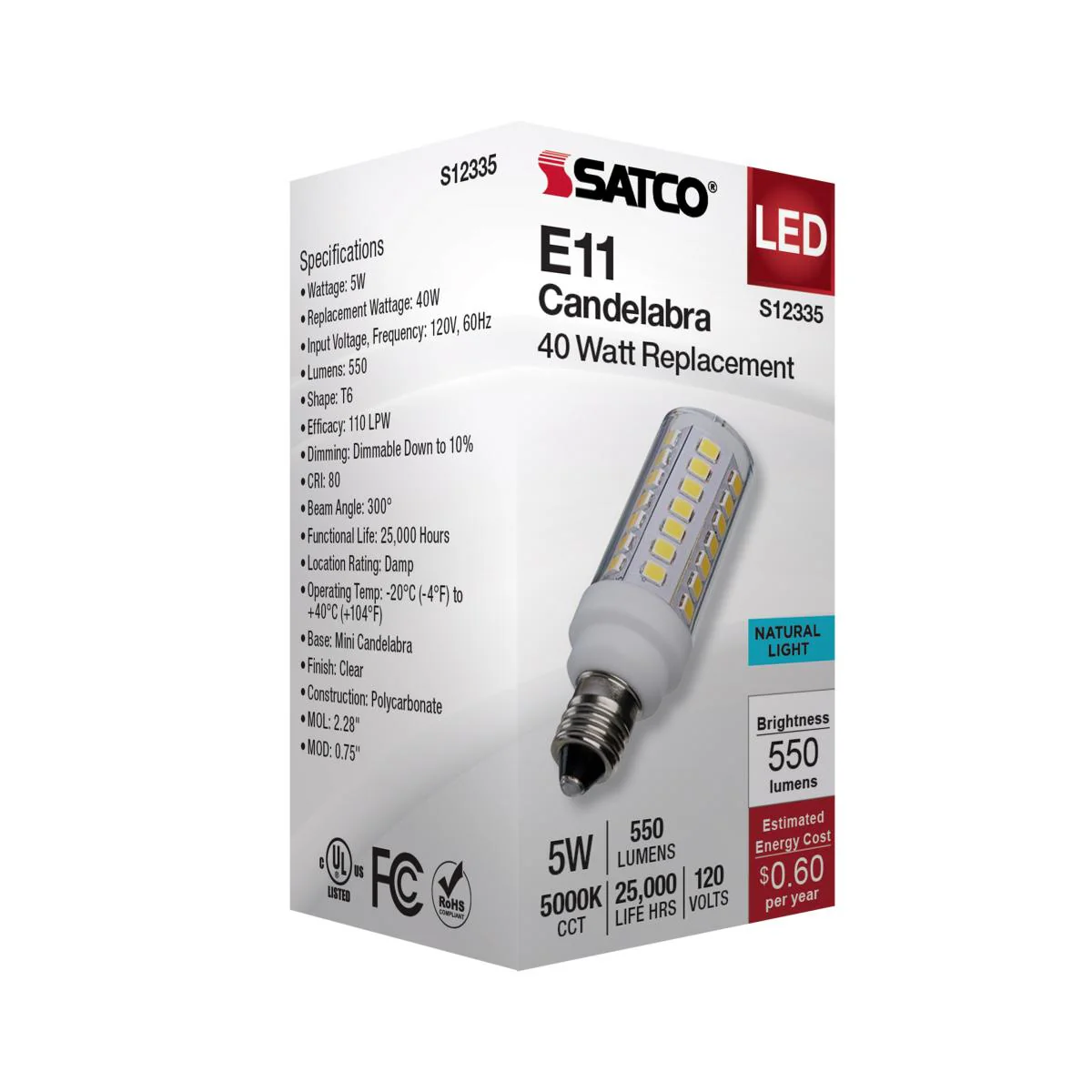 Satco 5w T6 LED 120v E11 Base 5000k Clear Finish Bulb - Image 5