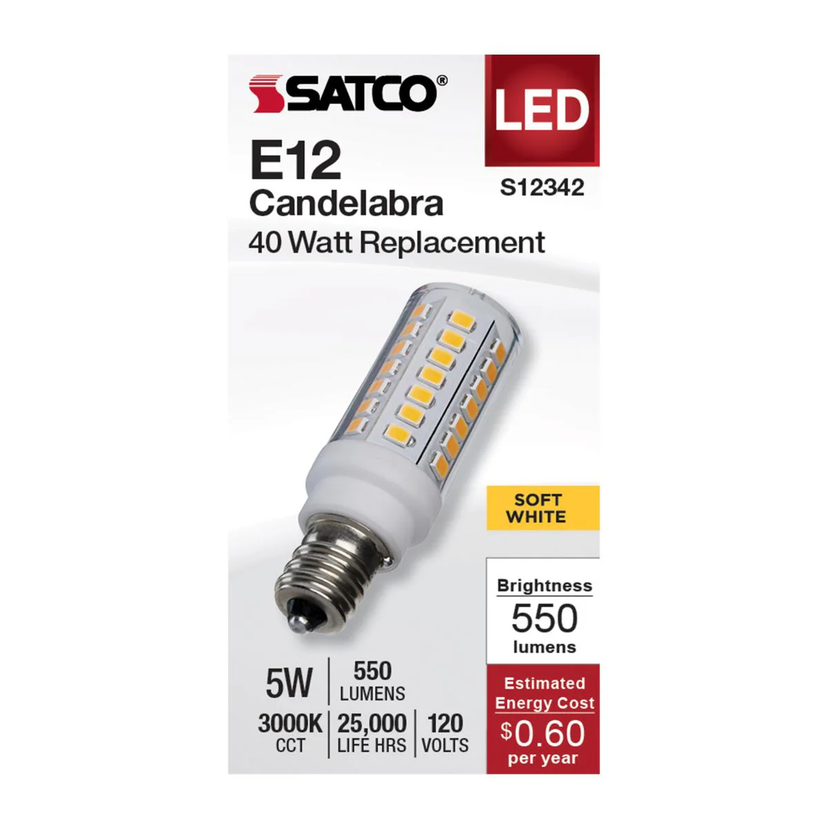 Satco 5w T6 LED 120v E12 Base 3000k Clear Finish Bulb - Image 2