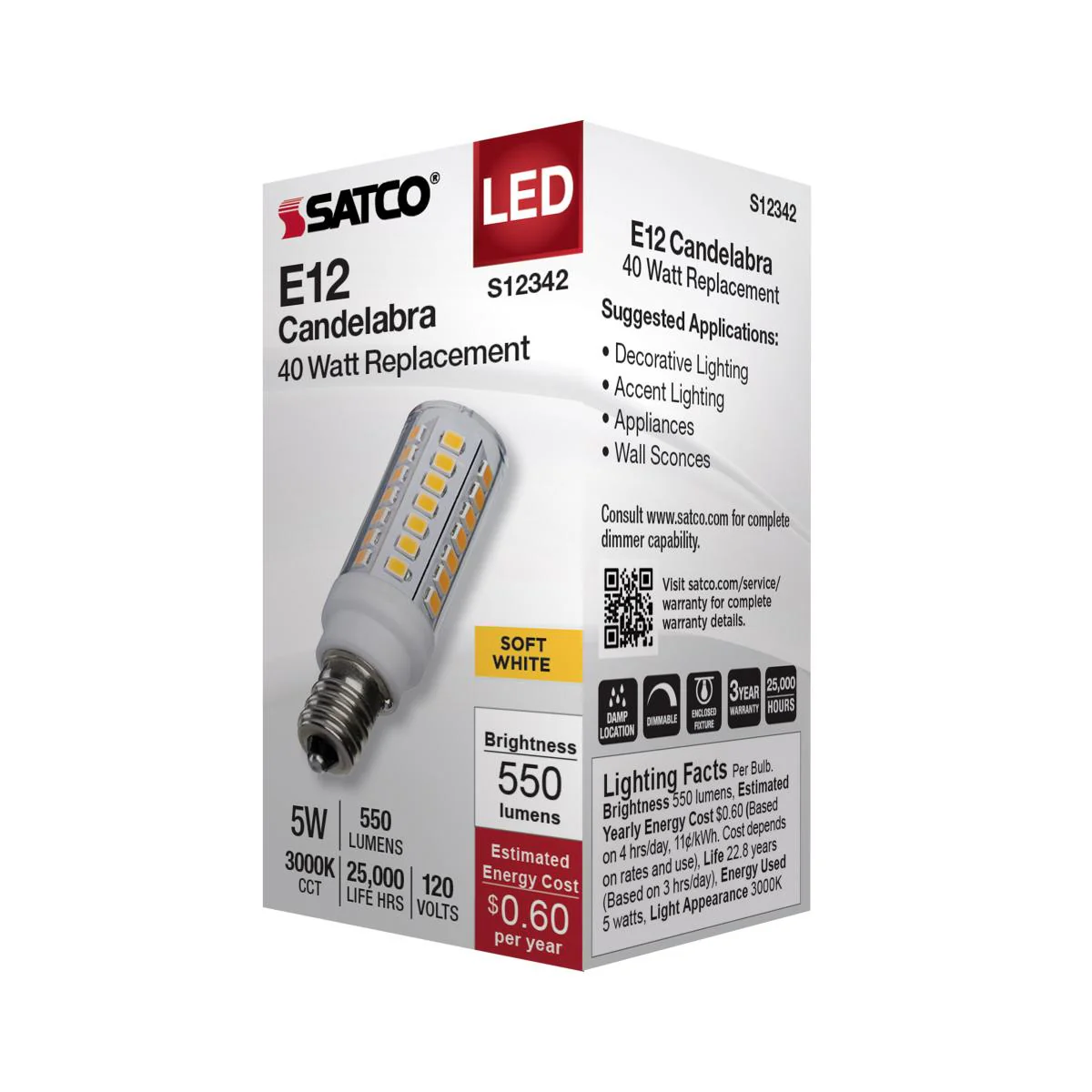 Satco 5w T6 LED 120v E12 Base 3000k Clear Finish Bulb - Image 4
