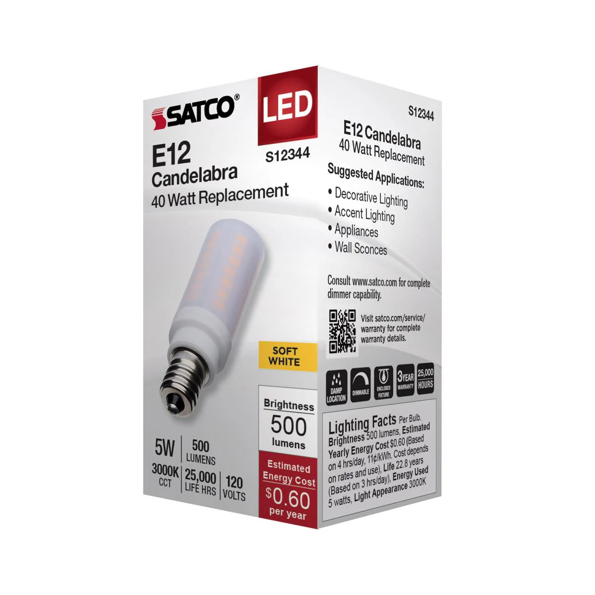 Satco 5w T6 LED 120v E12 Base 3000k Frosted Finish Bulb - Image 4