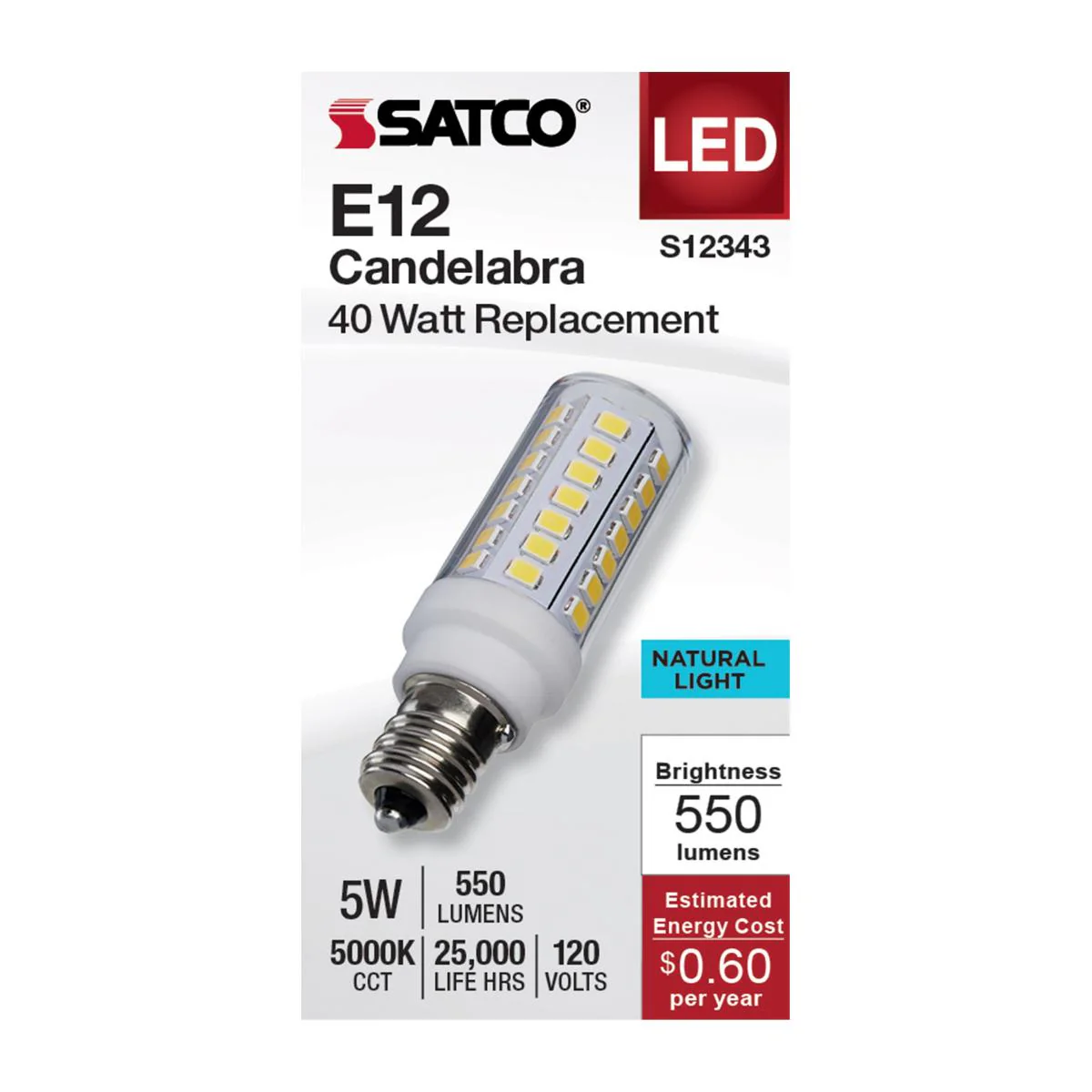 Satco 5w T6 LED 120v E12 Base 5000k Clear Finish Bulb - Image 2