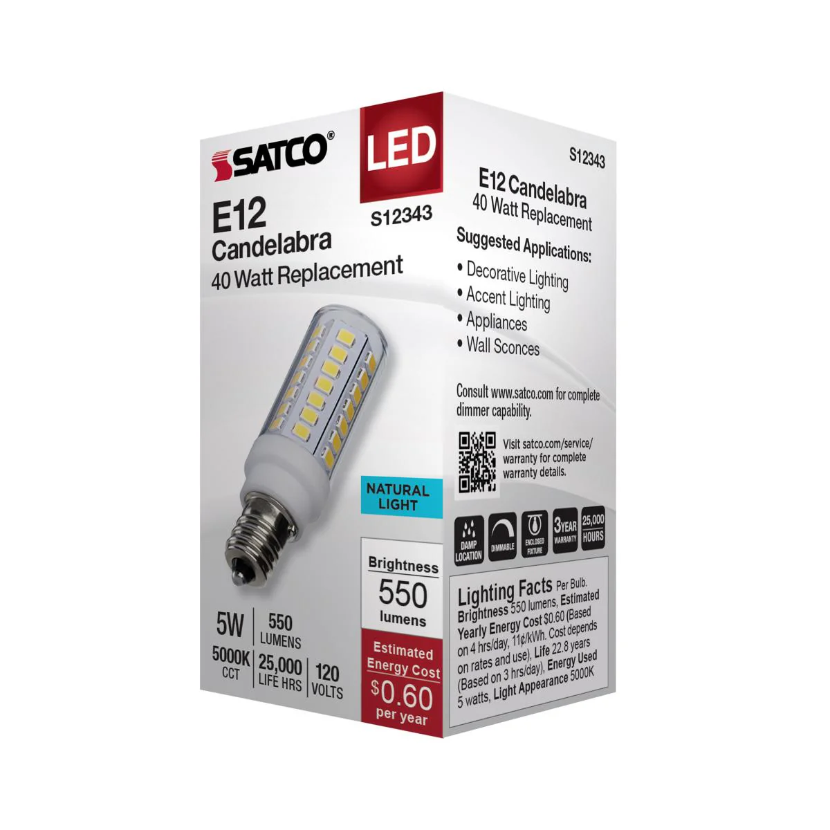 Satco 5w T6 LED 120v E12 Base 5000k Clear Finish Bulb - Image 4