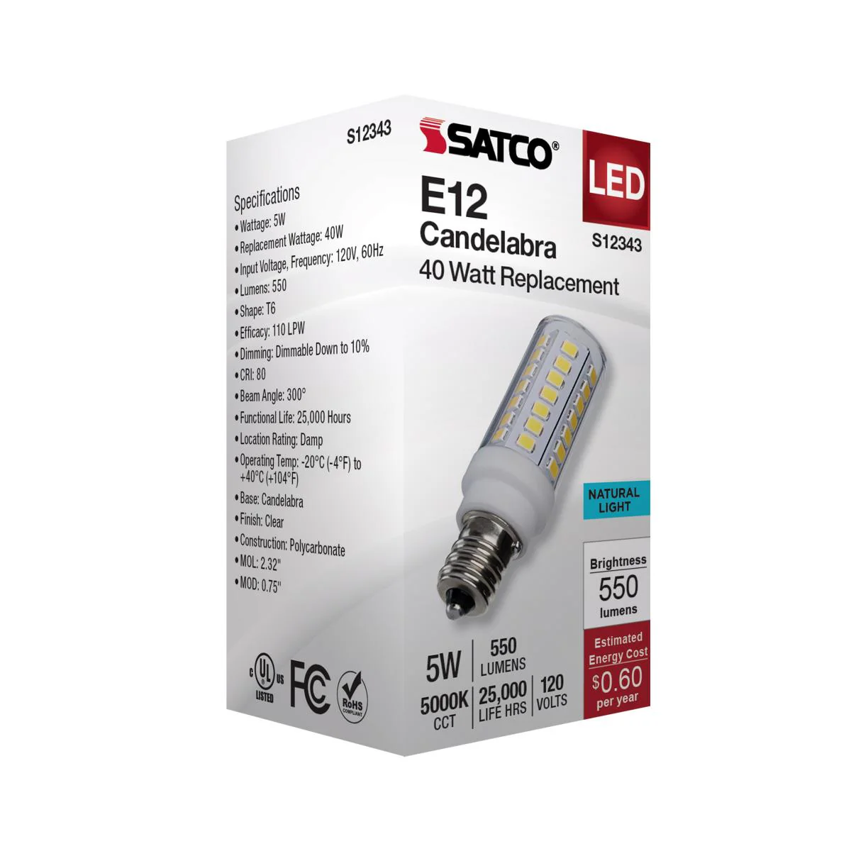 Satco 5w T6 LED 120v E12 Base 5000k Clear Finish Bulb - Image 5
