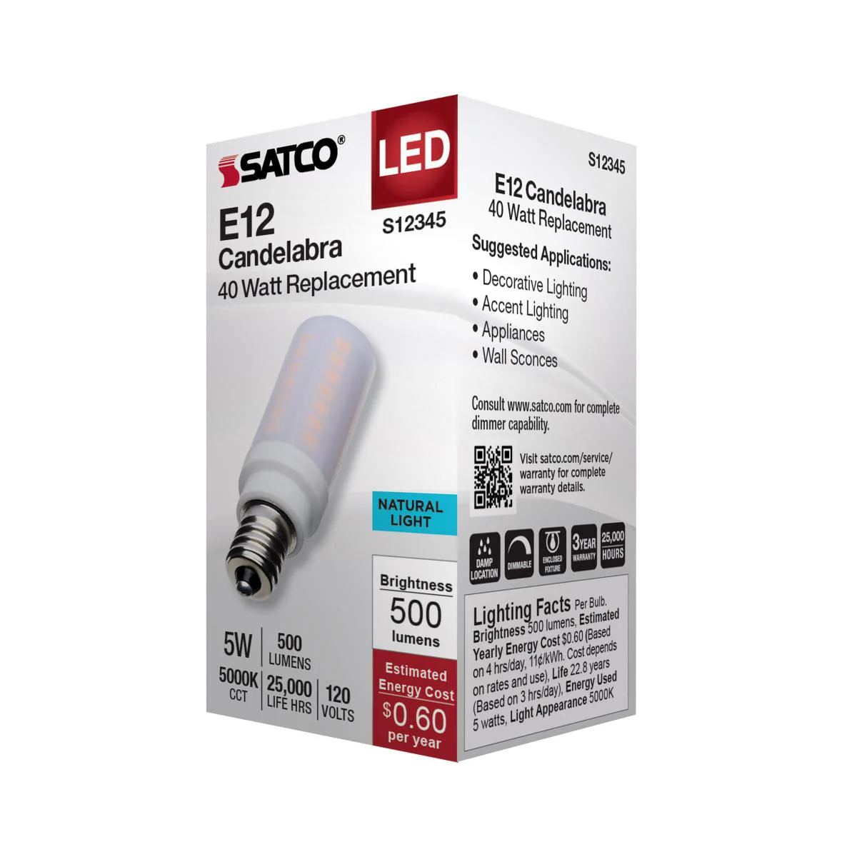 Satco 5w T6 LED 120v E12 Base 5000k Frosted Finish Bulb - Image 4