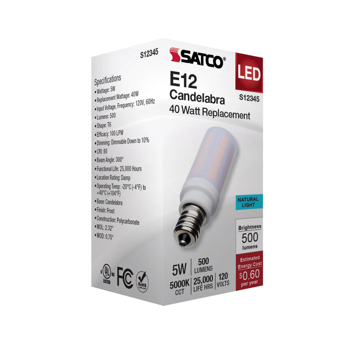 Satco 5w T6 LED 120v E12 Base 5000k Frosted Finish Bulb - Image 5