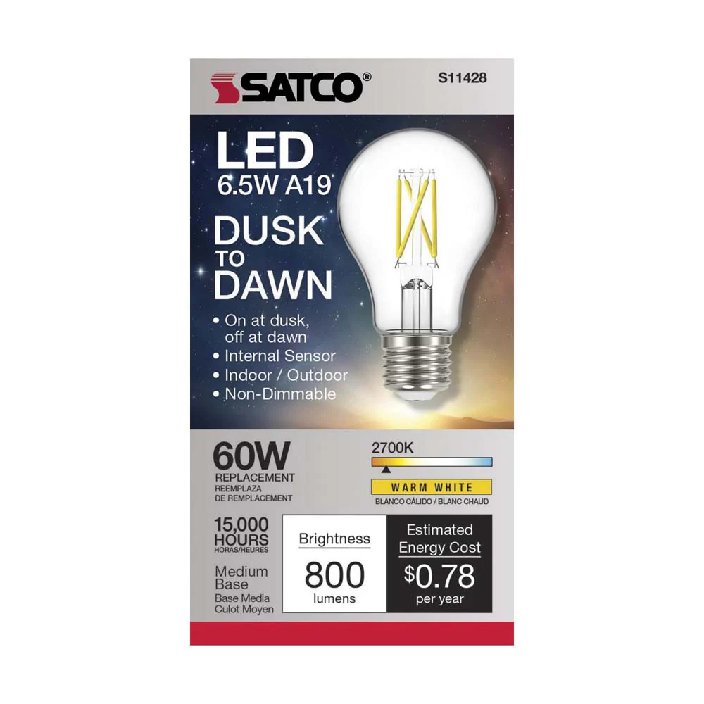 Satco 6.5w A19 LED Dusk to Dawn w/ PhotoCell 2700K Medium base 120v - 60w-equiv - Image 2