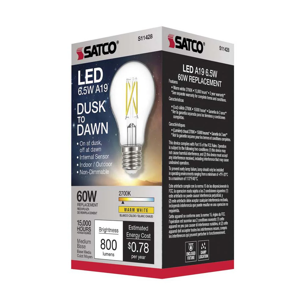 Satco 6.5w A19 LED Dusk to Dawn w/ PhotoCell 2700K Medium base 120v - 60w-equiv - Image 4