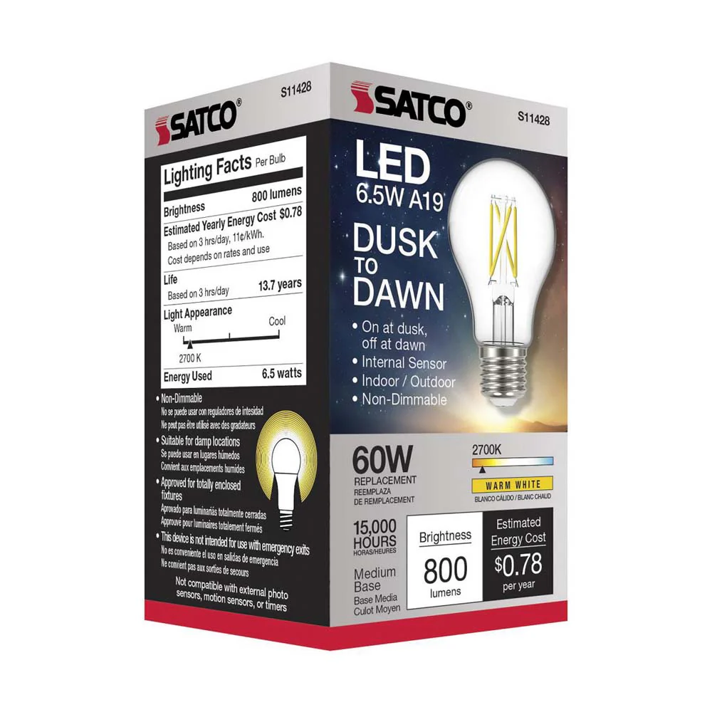 Satco 6.5w A19 LED Dusk to Dawn w/ PhotoCell 2700K Medium base 120v - 60w-equiv - Image 5
