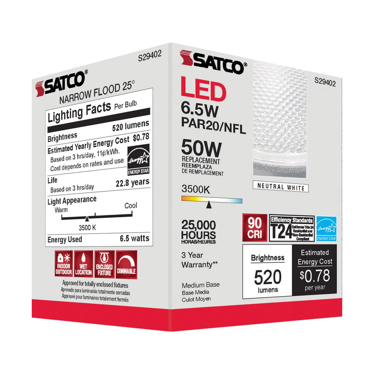 Satco 6.5w PAR20 LED 25 deg. Beam E26 Medium base 3500k Neutral White - Image 4