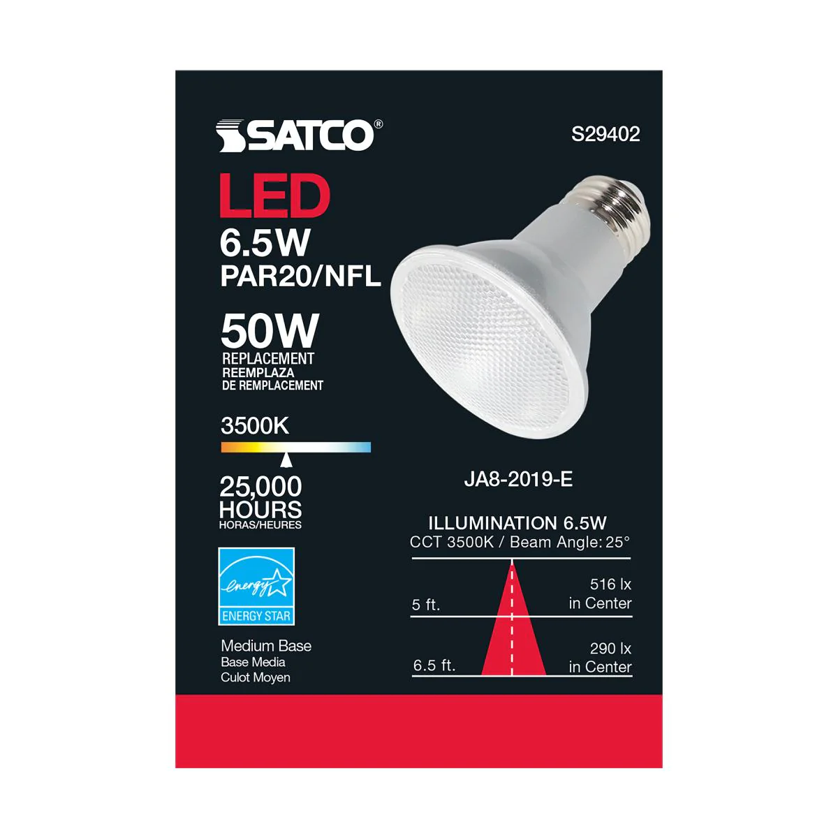 Satco 6.5w PAR20 LED 25 deg. Beam E26 Medium base 3500k Neutral White - Image 5