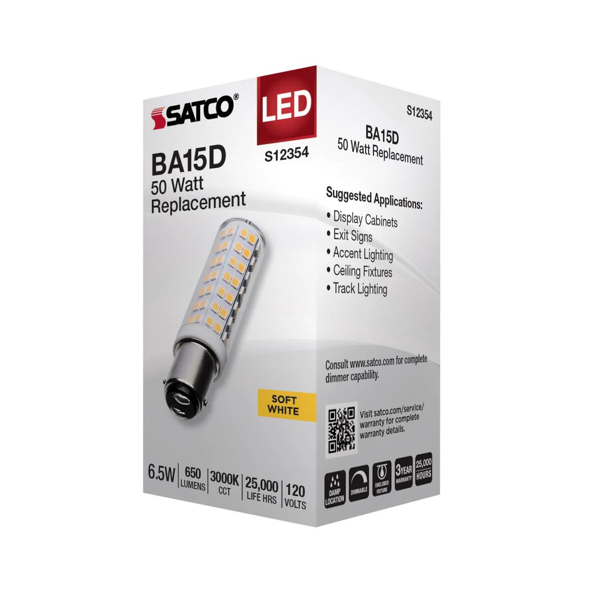 Satco 6.5w T6 LED 120v DC Base 3000k Clear Finish Bulb - Image 4