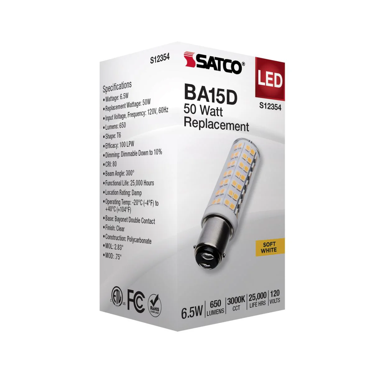 Satco 6.5w T6 LED 120v DC Base 3000k Clear Finish Bulb - Image 5