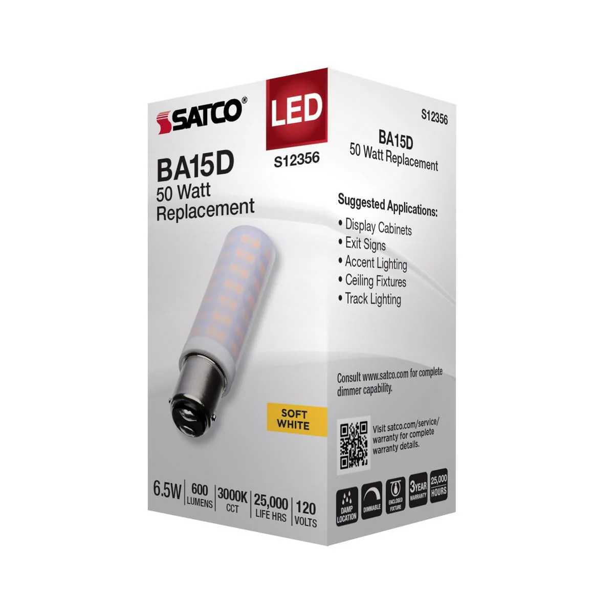 Satco 6.5w T6 LED 120v DC Base 3000k Frosted Finish Bulb - Image 4
