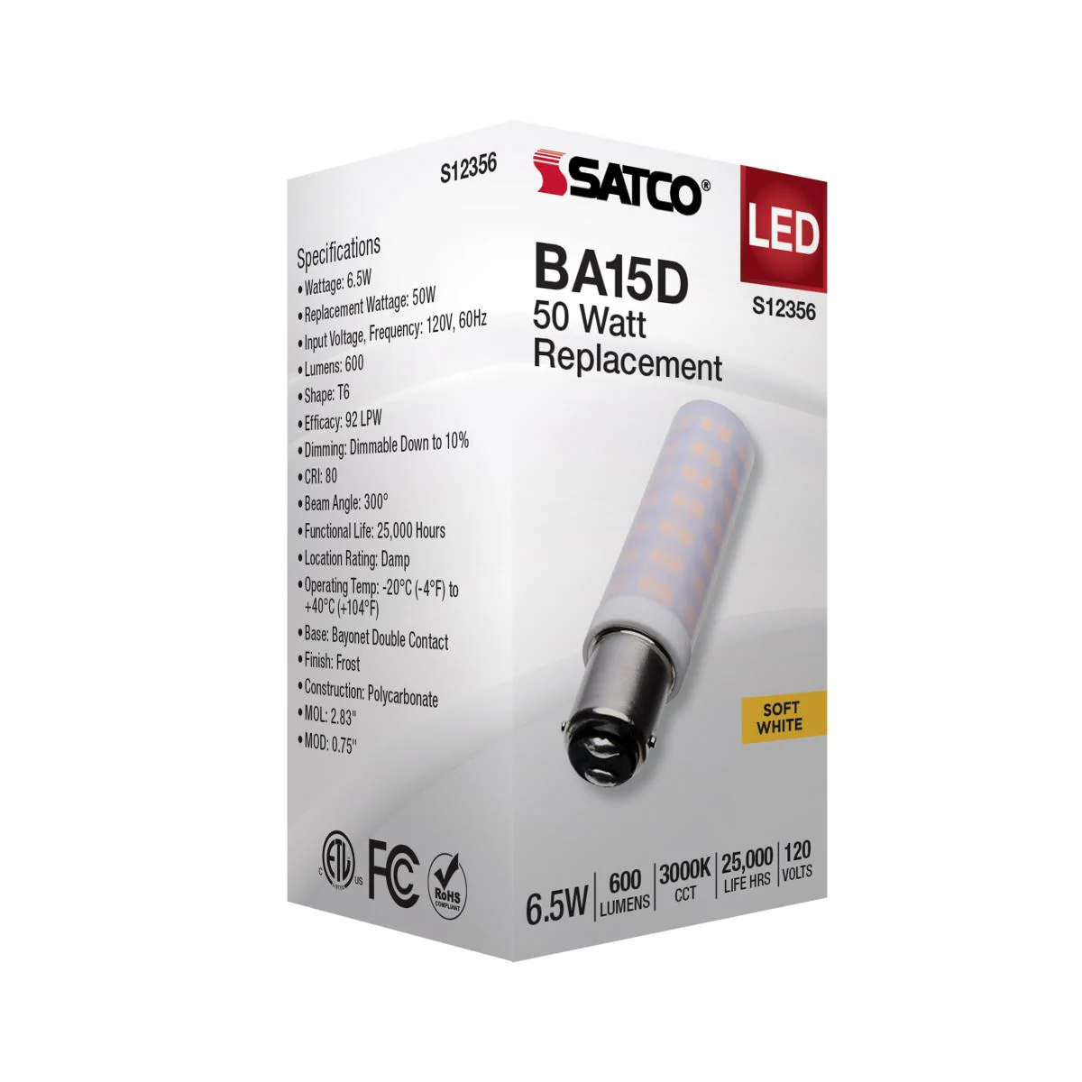Satco 6.5w T6 LED 120v DC Base 3000k Frosted Finish Bulb - Image 5