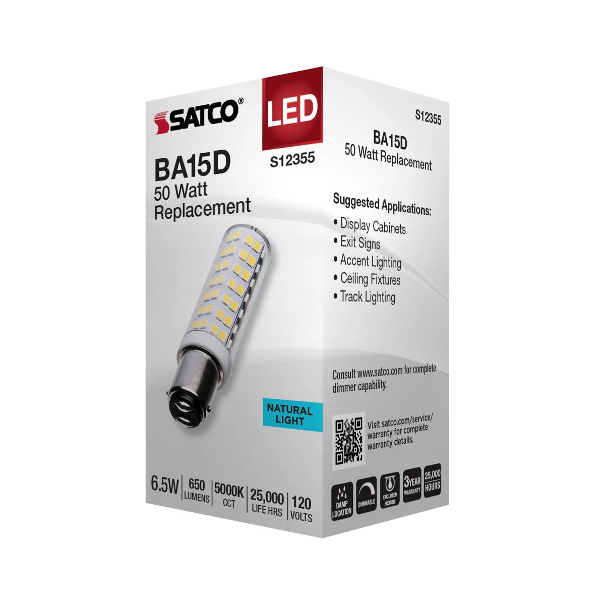 Satco 6.5w T6 LED 120v DC Base 5000k Clear Finish Bulb - Image 4