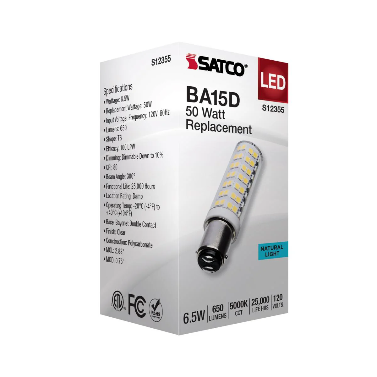 Satco 6.5w T6 LED 120v DC Base 5000k Clear Finish Bulb - Image 5