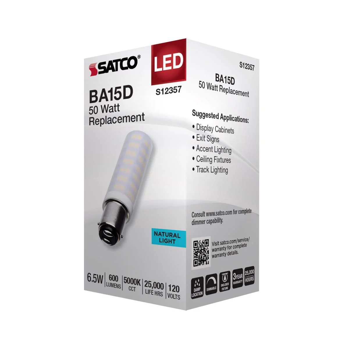 Satco 6.5w T6 LED 120v DC Base 5000k Frosted Finish Bulb - Image 4