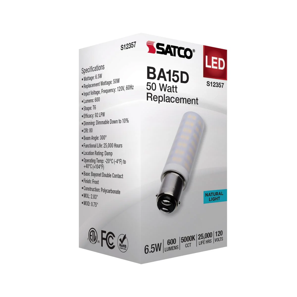 Satco 6.5w T6 LED 120v DC Base 5000k Frosted Finish Bulb - Image 5