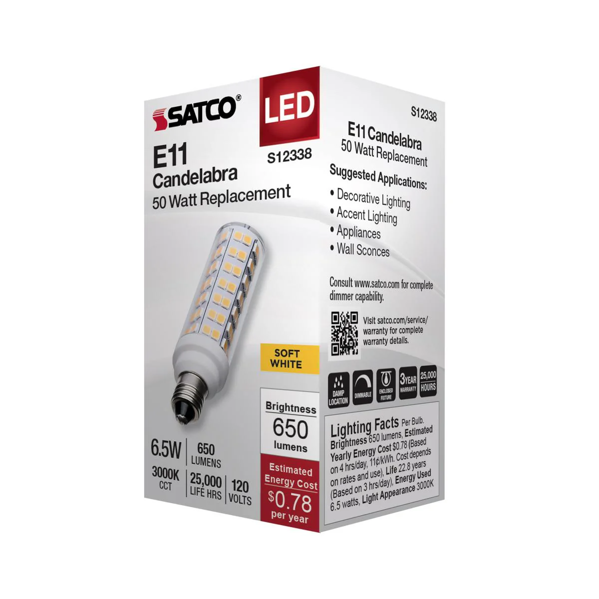Satco 6.5w T6 LED 120v E11 Base 3000k Clear Finish Bulb - Image 4