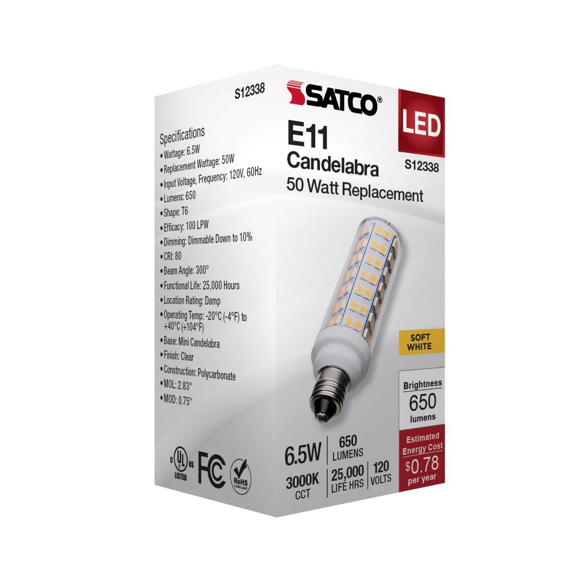 Satco 6.5w T6 LED 120v E11 Base 3000k Clear Finish Bulb - Image 5