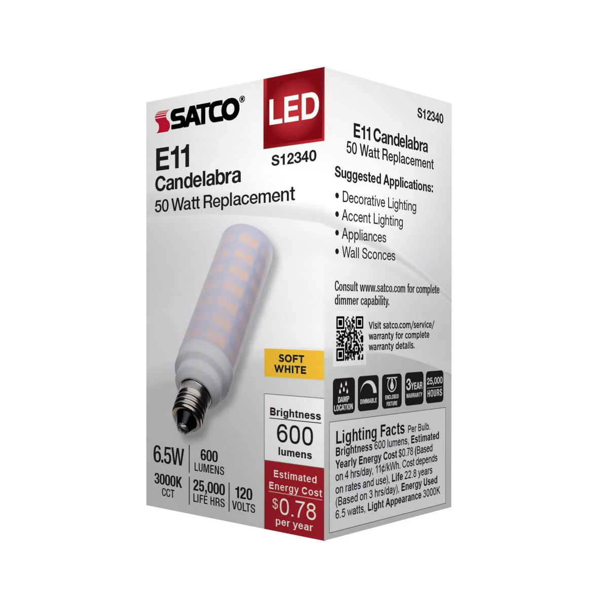 Satco 6.5w T6 LED 120v E11 Base 3000k Frosted Finish Bulb - Image 4