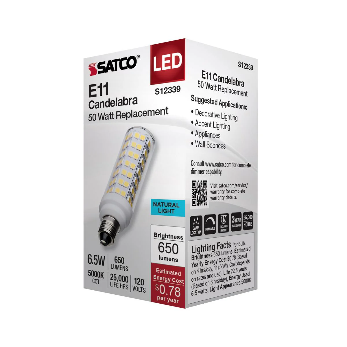 Satco 6.5w T6 LED 120v E11 Base 5000k Clear Finish Bulb - Image 4