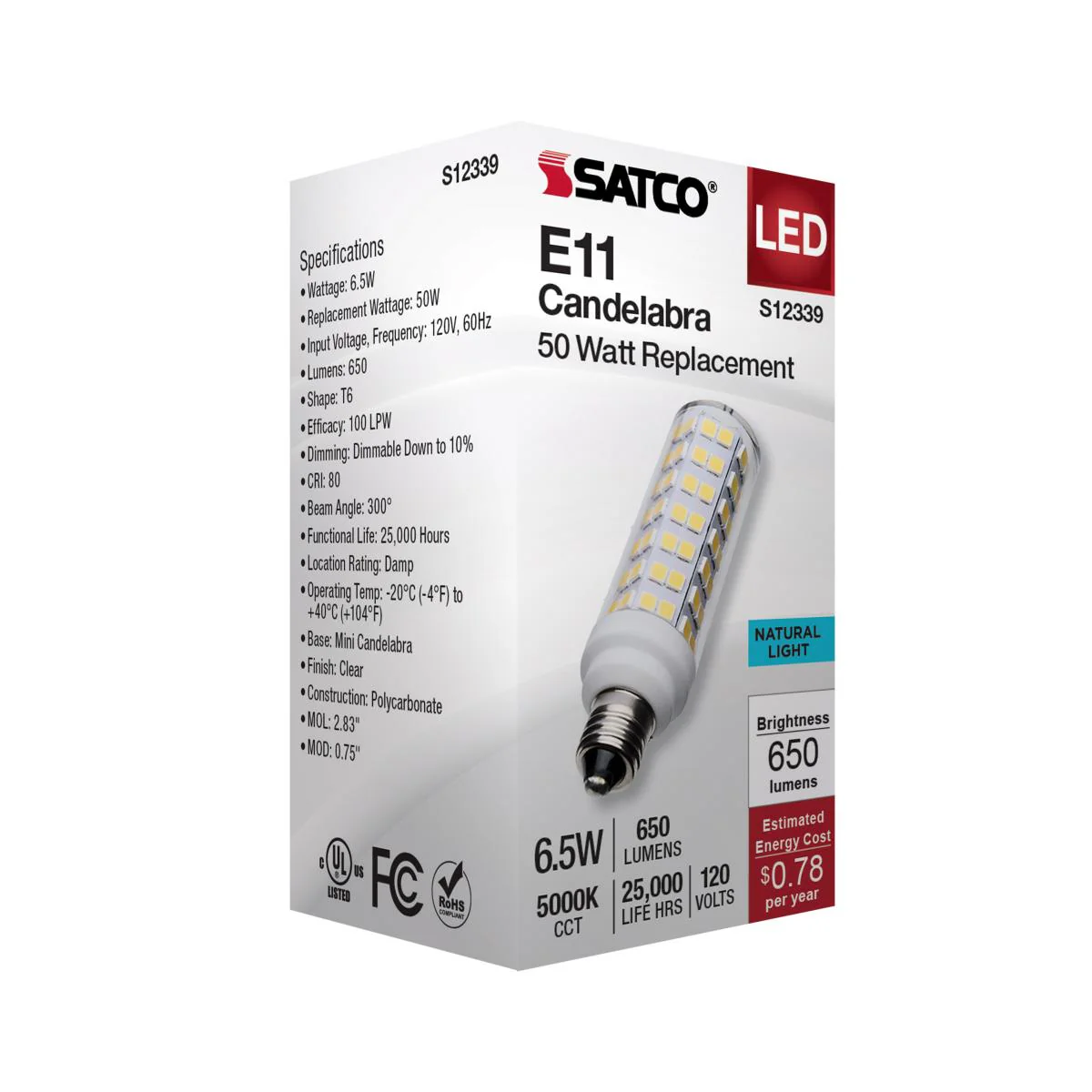 Satco 6.5w T6 LED 120v E11 Base 5000k Clear Finish Bulb - Image 5