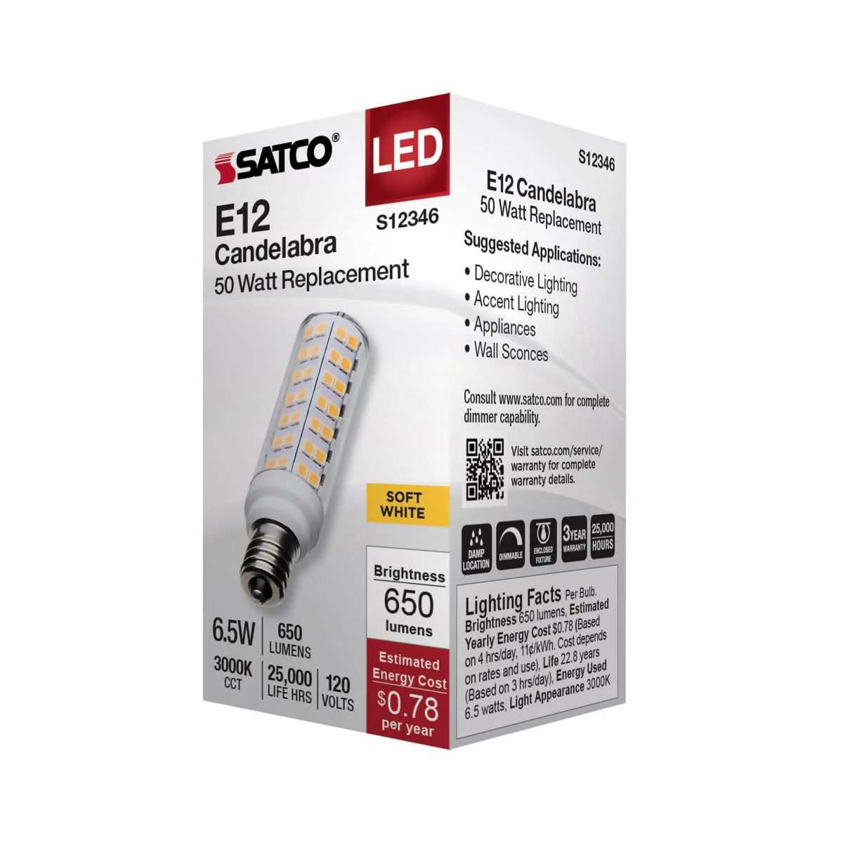 Satco 6.5w T6 LED 120v E12 Base 3000k Clear Finish Bulb - Image 4