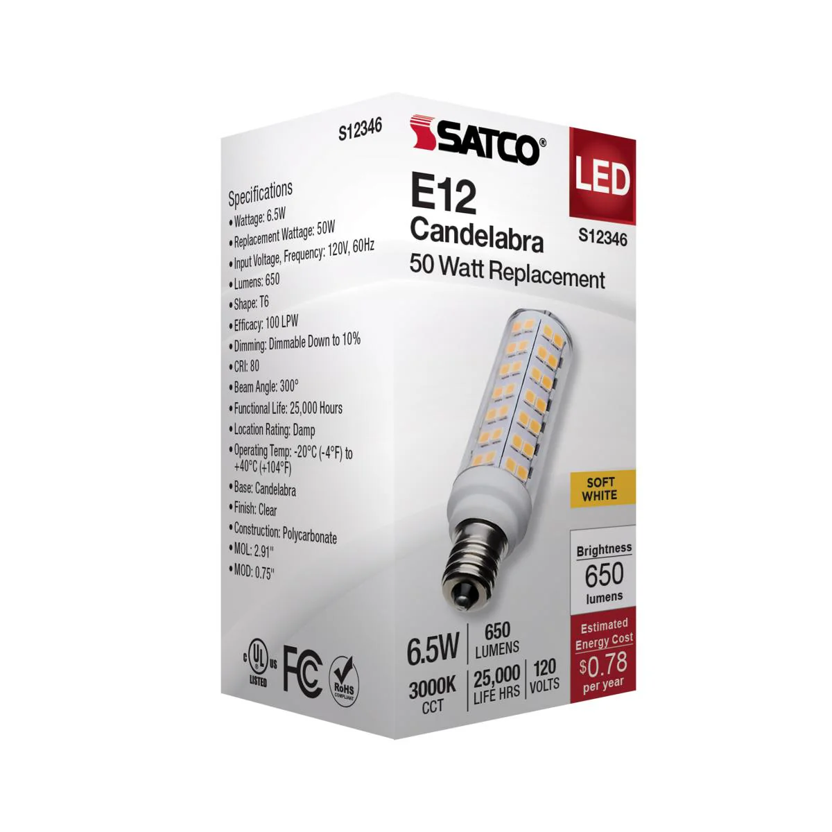 Satco 6.5w T6 LED 120v E12 Base 3000k Clear Finish Bulb - Image 5