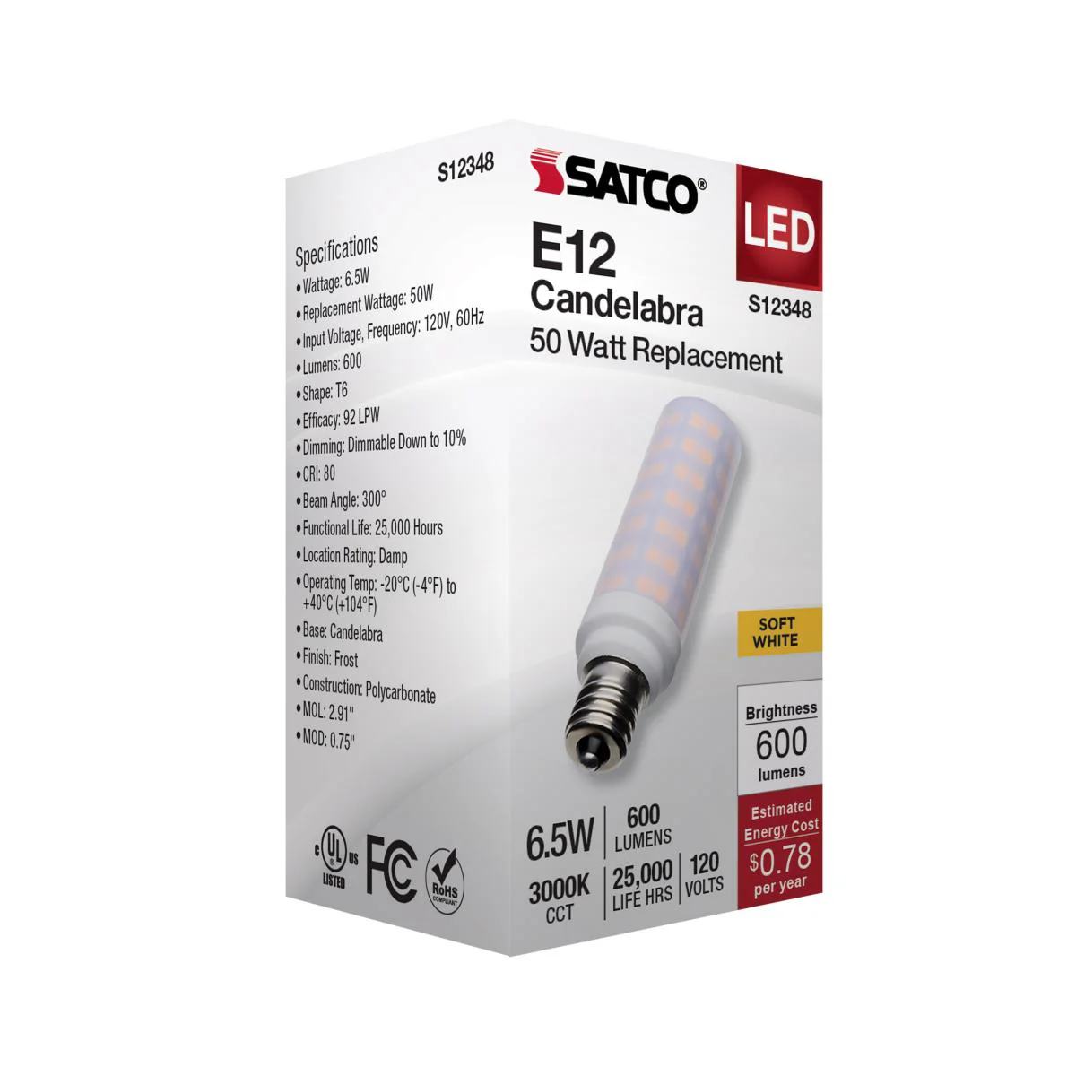Satco 6.5w T6 LED 120v E12 Base 3000k Frosted Finish Bulb - Image 5