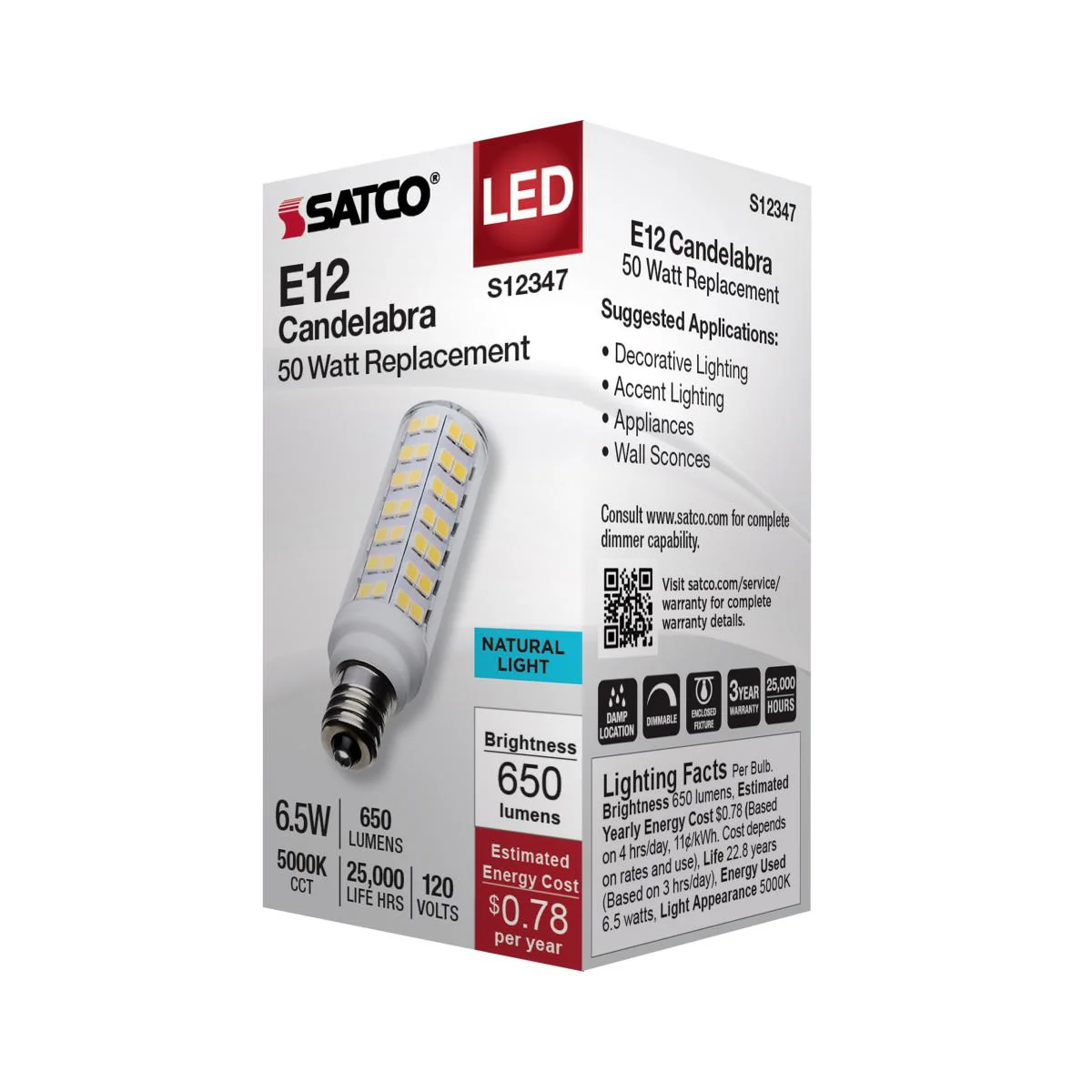 Satco 6.5w T6 LED 120v E12 Base 5000k Clear Finish Bulb - Image 4