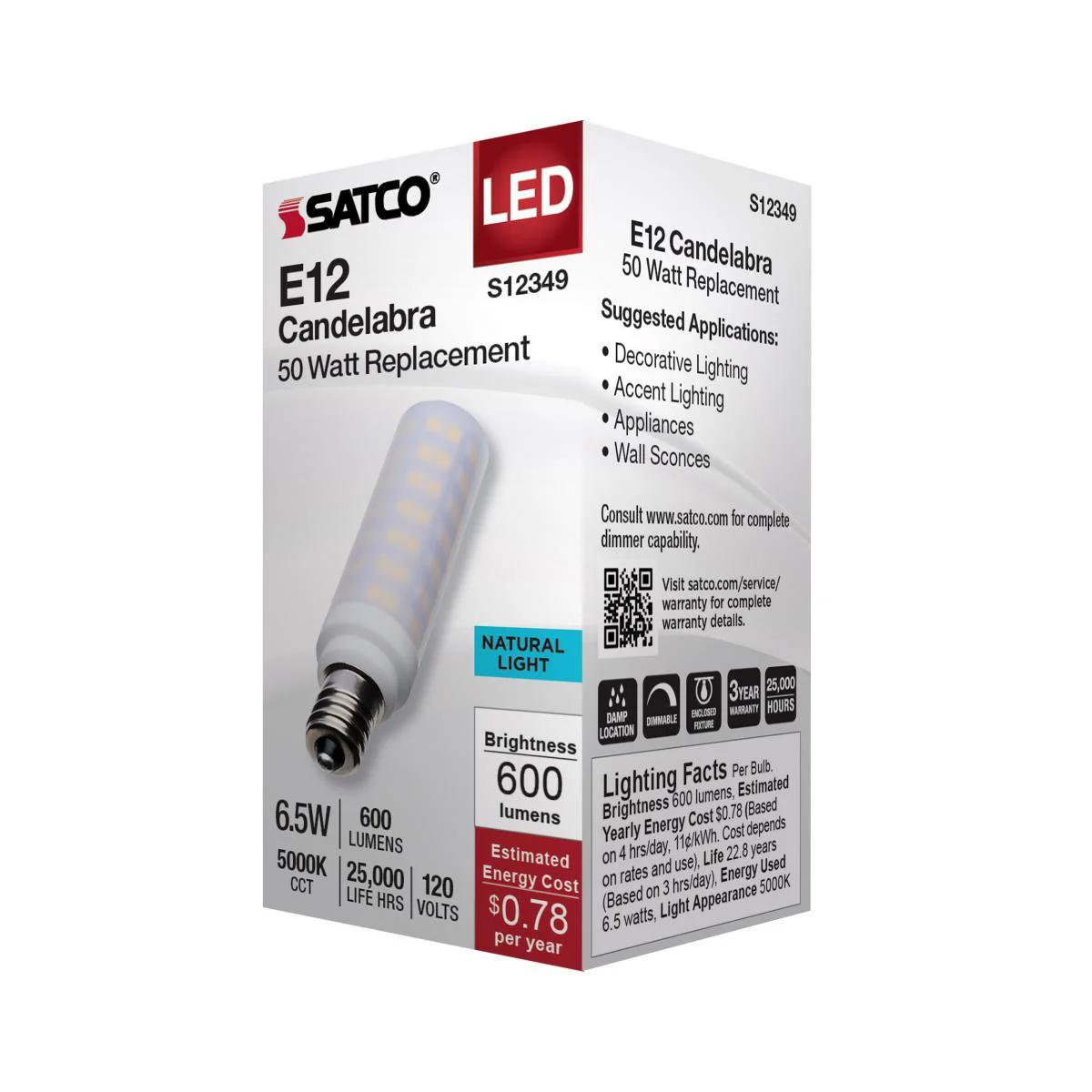Satco 6.5w T6 LED 120v E12 Base 5000k Frosted Finish Bulb - Image 4