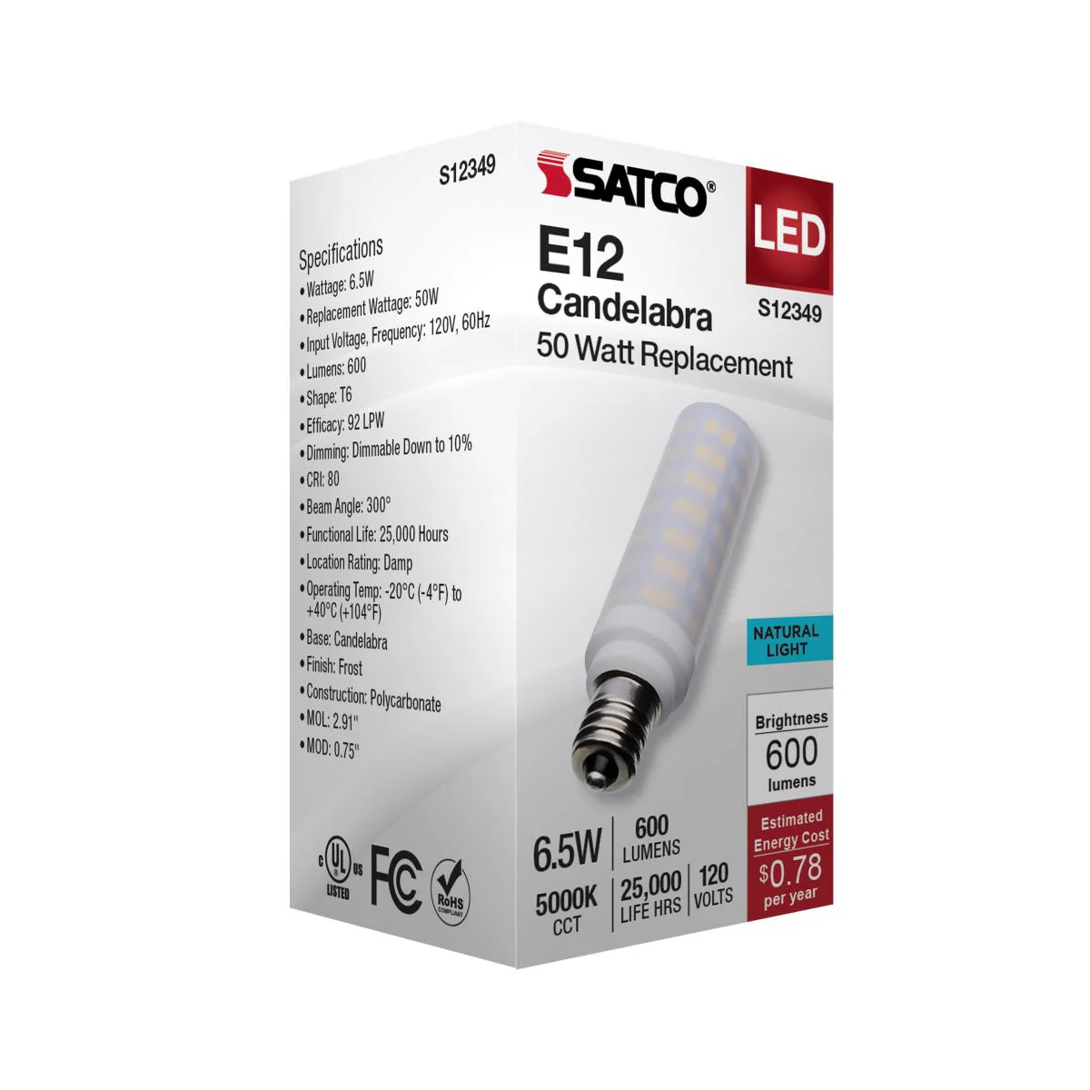 Satco 6.5w T6 LED 120v E12 Base 5000k Frosted Finish Bulb - Image 5