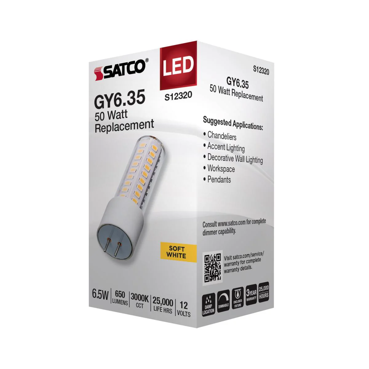 Satco 6.5w T6 LED 12v GY6.35 Base 3000K Clear Finish Bulb - Image 4