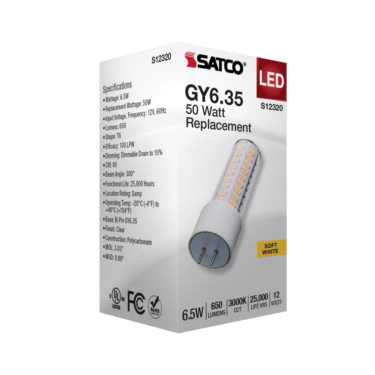 Satco 6.5w T6 LED 12v GY6.35 Base 3000K Clear Finish Bulb - Image 5